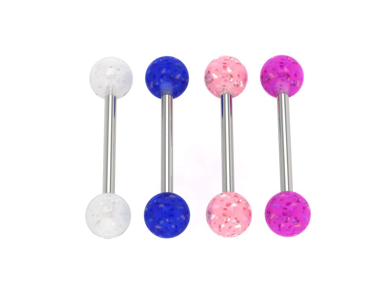 Glitter Tongue Bars/Nipple Rings | Surgical steel 316L barbells body piercing | 14G (1.6mm) Thickness, 14mm bar length, 6mm Glitter Balls (Set of 4 Blue, Pink, Clear, Purple Glitter)