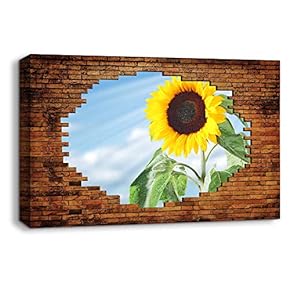 Canvas Wall Art Sunflower View Shot Through Bricks Painting Artwork for Home Prints Framed - 12x18 inches