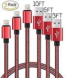 Lightning to USB Cable, 3Pack 3FT 6FT 10FT Nylon Braided iPhone Charging Cord iPad Charger for Apple iPhone SE/6/6S/Plus/5S/5/iPad Mini/Air/Pro/iPod, Compatible with iOS9 (Red / Black)
