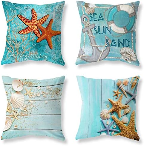 Pack of 4 Decorative Throw Pillow Covers Sets 18x18 Inch Blue Ocean Theme Pillowcases Square Outdoor Cushion Cover Starfish Sea Anchor Wood Grain Shell Pillows Covers for Home Decor Sofa Car Bedroom