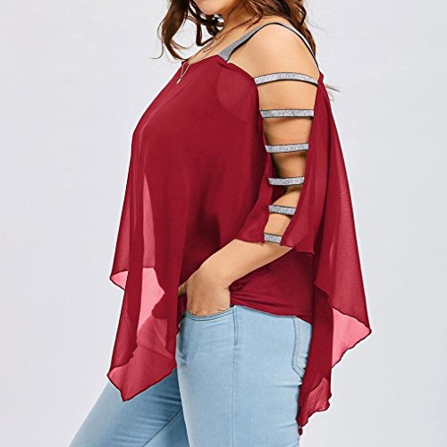 VEZAD Sexy Women Fashion Plus Size Ladder Cut Overlay Asymmetric Blouse Strapless Tops