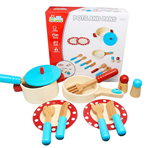Wooden Cooking Set for Toddlers, KIDS TOYLAND 13 Pieces Wooden Pretend Play Kitchen Accessories