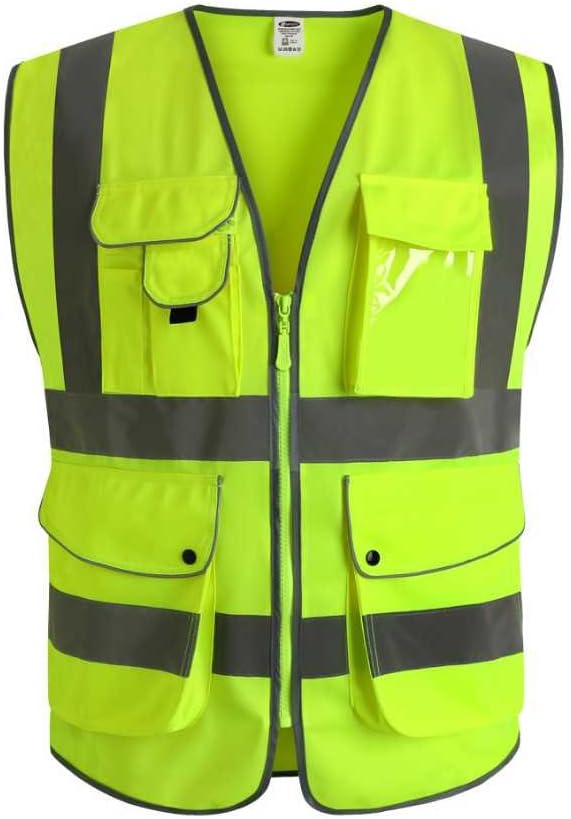 Hi-Vis Yellow Reflective Safety Vest 9 Pockets Zippers ANSI Class 2 Type R (M, Yellow)