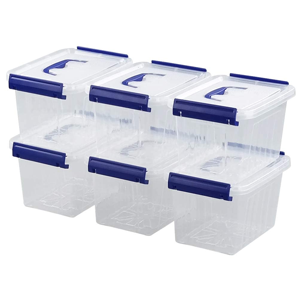 Waikhomes Set of 6 Plastic Clear Storage Boxes, 6 L Storage Latch Box with Lids (Blue handle)
