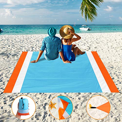 Aitey Sand Free Beach Blanket, Waterproof Beach Mat Compact Outdoor Blanket Ideal for Picnic, Travel, Hiking, Camping and Music Festivals with 4 Stakes, 4 Corner Pockets and Bag – 82″x 79″