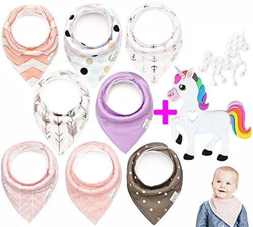 Baby Bandana Drool Bibs, Girls 8-Pack Gift Set for Drooling and Teething for Girls + Unicorn Silicone Teether in Gift Bag by Numu Baby