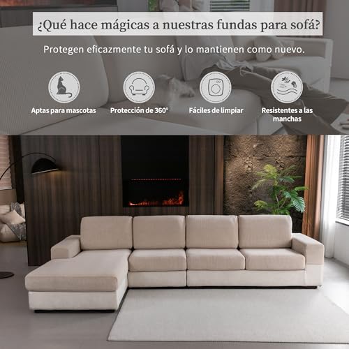 OHSIO Stretch Sofa Cushion Cover, Non-Slip, Washable, Universal, Durable and Easy to Clean (Light Brown, 2 S Seat Covers + 1 Chaise Longue Cover)