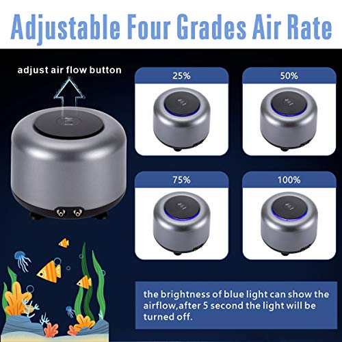 AQQA Air Pump for Aquariums,Fashion Ultra-Quiet Energy-Saving Oxygen Pump Adjustable 4 Flow Rate Grades,Powerful Dual Outlets,Freshwater and Marine Fish Tank (5W (up to 300 Gallon), Silver)