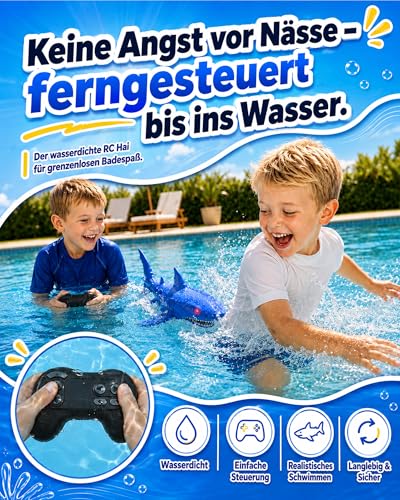 KOKODI Remote Controlled Robot Shark for Children from 3 Years - RC Water Toy with Light & Waterproof Remote Control, Summer Pool Toy, Bath Toy, Birthday Gift Boys Girls