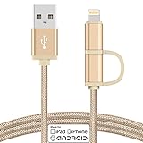 [Apple MFi Certified] TechHutt 2 in 1 Lightning to Micro USB Cable Nylon Braided Data Sync and Rapid Charge Cable Cord For iPhone 6 6s 6Plus iPad Pro Air Mini Samsung Galaxy S7 S6 (2-in-1 Gold 2m)