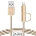 [Apple MFi Certified] TechHutt 2 in 1 Lightning to Micro USB Cable Nylon Braided Data Sync and Rapid Charge Cable Cord For iPhone 6 6s 6Plus iPad Pro Air Mini Samsung Galaxy S7 S6 (2-in-1 Gold 2m)