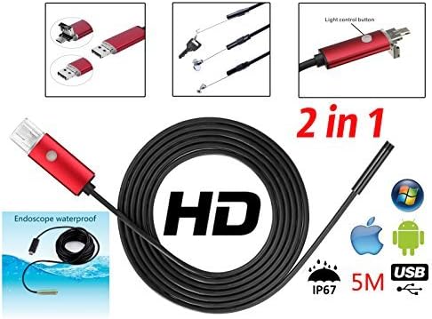 2 in 1 USB Endoscope Snake led Light Camera 5 Meter Semi-Rigid Borescope Inspection Waterproof Black