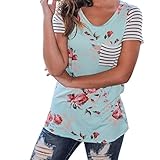 Sagton Women's Floral Print T-shirt Casual Soft Striped Short Sleeve Blouse Tops