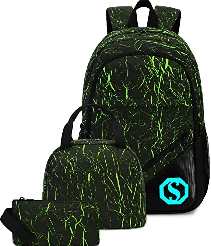 School Backpacks for Boys Bookbag Teens Backpack Set Lunch Box and Pencil Case (Green)