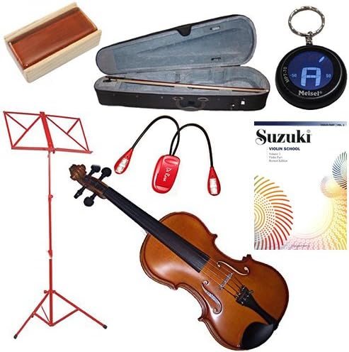 Beginner Violin Package 1/8 (4-6 yr old) - with Music Stand (Red), Red Music Stand Light, Rosin, Meisel Keychain Tuner & Music Book 1 (Suzuki Violin School: Violin Part, Vol. 1)