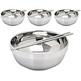 sisem 4 Pack 40 Oz Stainless Steel bowl set with chopsticks, Metal Double=walled Insulated noodle bowl, cereal, Ice Cream, Soup, Korean Ramen, 7 Inch