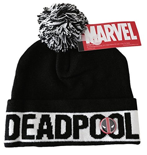 Deadpool Logo Cuff Pom Beanie Knit Hat Bonus Deadpool Button Costume Accessory
