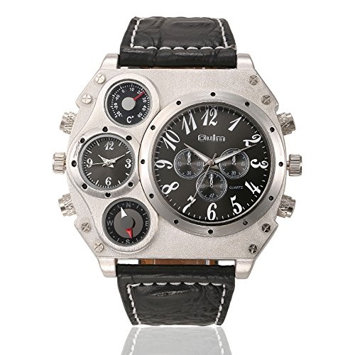 Oulm Men's Irregular Shape Dual Time Zone PU Leather Band Japanese Movement Quartz Wrist Watches-Black