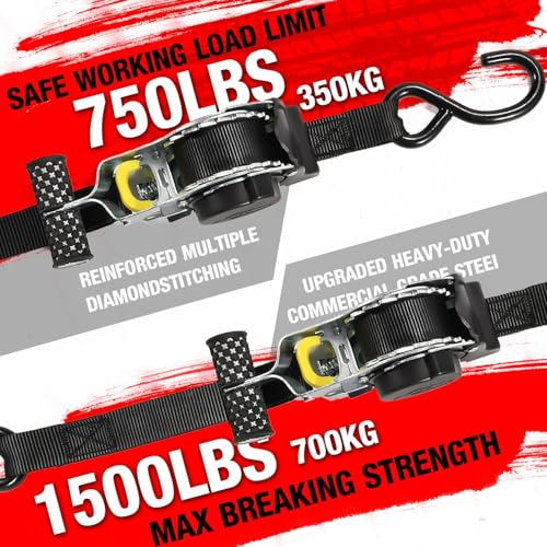 KAPEICamper Retractable Ratchet Straps 1 in x 10 ft, Secure Tie-Downs with Rubber-Coated Handles & S-Hooks, For Moving Motorcycle, Bike,Cargo,Breaking Strength 1,500Lbs (Round wheel T-handle black)