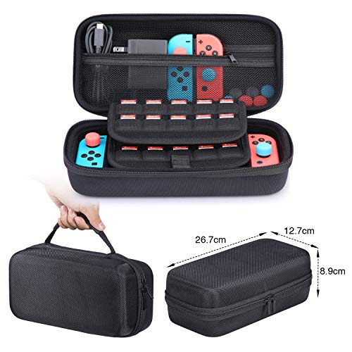 Case-for-Nintendo-Switch-HEYSTOP-11-in-1-Nintendo-Switch-Carry-Case-Come-with-2-Joy-con-Grips-for-Nintendo-Switch-Adjustable-PlayStand-Tempered-Glass-Screen-Protector-with-6-Thumb-Grip-Caps-Black