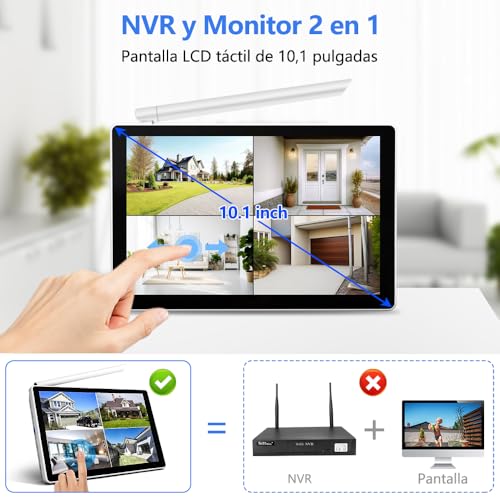 2NLF Kit de Cámaras de Vigilancia Exterior Inalámbrica WiF | Monitor Táctil LCD de 10,1", Cámara de Seguridad de 5MP, Detección de Movimiento, Visión Nocturna en Color, Impermeable IP66
