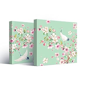 2 Panel Square Canvas Wall Art - Watercolor Style Painting of Cranes and Flowers on Light Green Background - Giclee Print Gallery Wrap Modern Home Art Ready to Hang - 12"x12" x 2 Panels