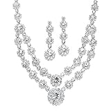 Mariell Silver 2 Row Rhinestone Crystal Necklace and Earrings Set - Prom, Brides and Bridesmaids Jewelry