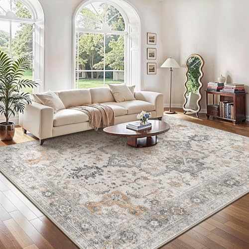GENIMO Großer Vintage Teppich Taupe Beige fürs Wohnzimmer, 240x300 cm