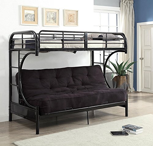 Major-Q 7002091bk Black Modern Metal Tube Supported Twin Futon Bunk Bed with Built-in Ladders & Full Length Guard Rails