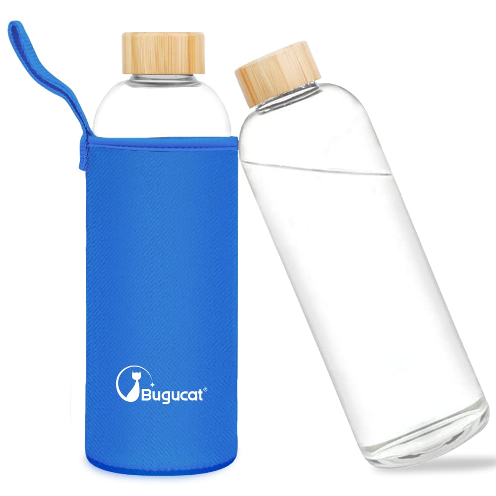 Bugucat Borosilicate Glass Water Bottle 1000ML, Reusable Water Bottle Glass with Protective Sleeves and Leak-Proof Lid, Glass Water Bottle 1 Litre Glass Drinking Bottle for Hot Cold Drinks,Navy Blue