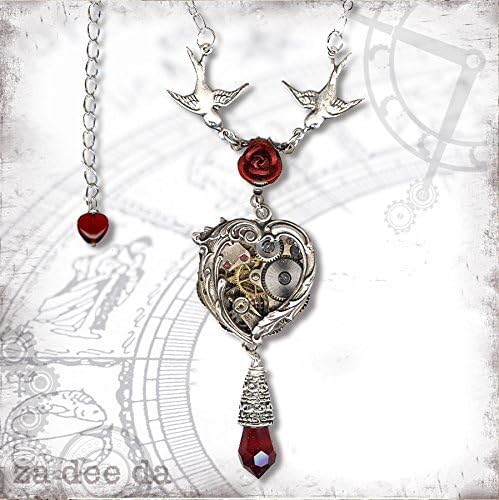 Heart Steampunk Necklace - Za Dee Da - The Time Traveller Collection - Red Crystal Rose Love Birds Together in Time Steampunk Necklace
