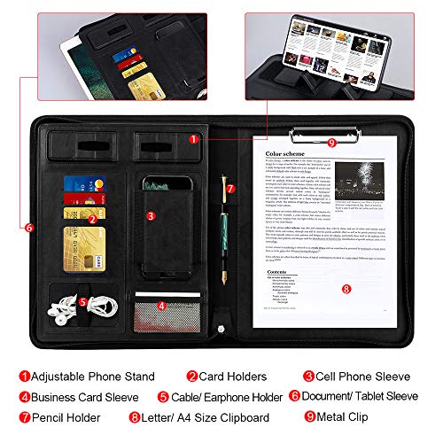 Portfolio Padfolio Case, Skycase Business Portfolio Folder, Zippered Conference Folder Document Organizer with Letter Size Clipboard, Document/Tablet Sleeve(Up to 12.9'' Tablet) and Card Holders Black