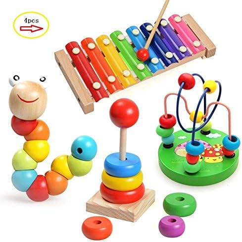 Laifaer Childrens Music Instruments Baby 4 Pieces Wood Toy with Xylophone, Caterpillar Beads, Pearl Labyrinth Toy and Rainbow Tower