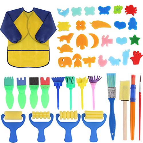 Early Learning Kids Paint Set,42pcs Sponge Painting Brushes Kit Sponge Drawing Paint Tools for Toddler with Painting Smock Apron