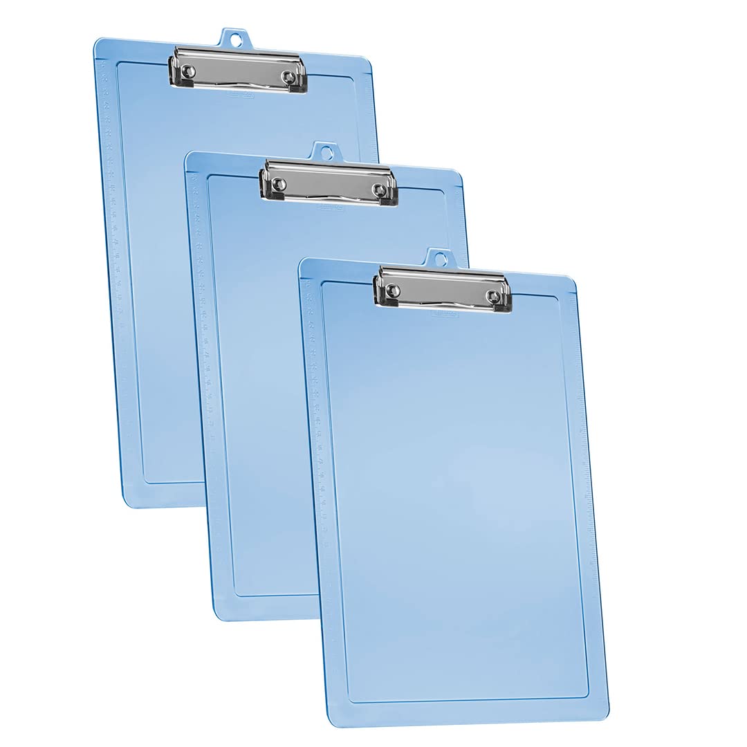 Acrimet 3 Pack Clipboard Letter Size A4 (34 cm x 24 cm) Low Profile Clip & Side Rulers, Durable Plastic for Office, School, Home Use - Clear Blue Color