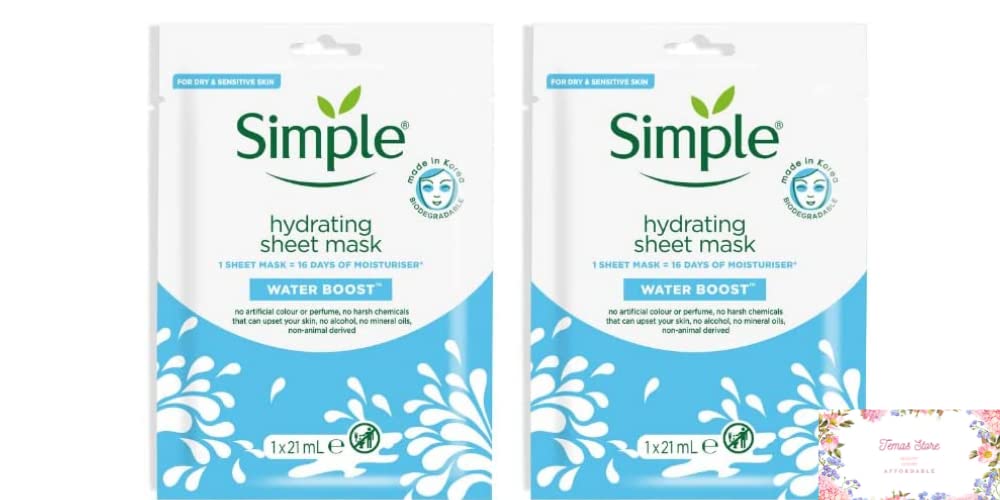 Temas Store Simple Water Boost Face Sheet Mask 21ml Face Pampering Gift Box | 2 x Simple Ultra Hydrating Sheet Mask |For Sensitive Skin, Dull & Tired Face| Soothing Face Reviving Mask |Gift Box Ready