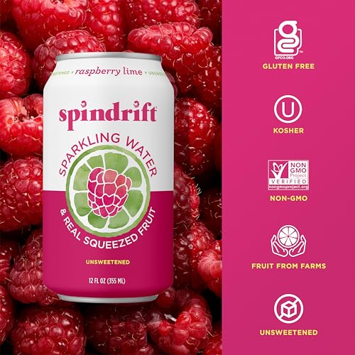 SPINDRIFT SPARKLING WATER, RASPBERRY LIME FLAVORED, MADE WITH REAL SQUEEZED FRUIT, ONLY 9 CALORIES PER CAN, 12 FL OZ CANS, PACK OF 24