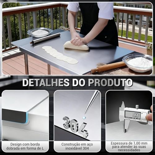 Tabua de Corte Aço Inox 304, Tábua de Corte Profissional em Aço Inoxidável 304, 60CM*40CM*1.5MM, Tábua de Pastelaria de Cozinha
