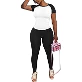 PINSV 2 Piece Sets for Women Summer Workout Sets Short Sleeve Top Jogger Legging Pants Track Suits