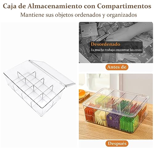 Caja para Té con 8 Compartimentos con Tapa Abatible, Organizador de Te para Infusiones, Bolsas de Té, Sobres de Café y Azúcar, Porta Te de Acrilico para Nevera, Armario, Despensa, Encimeras de Cocina