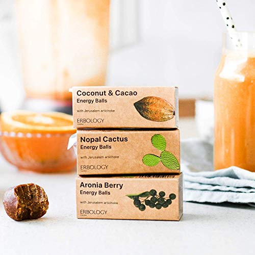Erbology Organic Energy Bites (3 x 1.4 oz Pack) Flavors: Coconut & Cacao, Nopal Cactus and Aronia - Raw - Vegan - Gluten-free - Prebiotic - Inulin