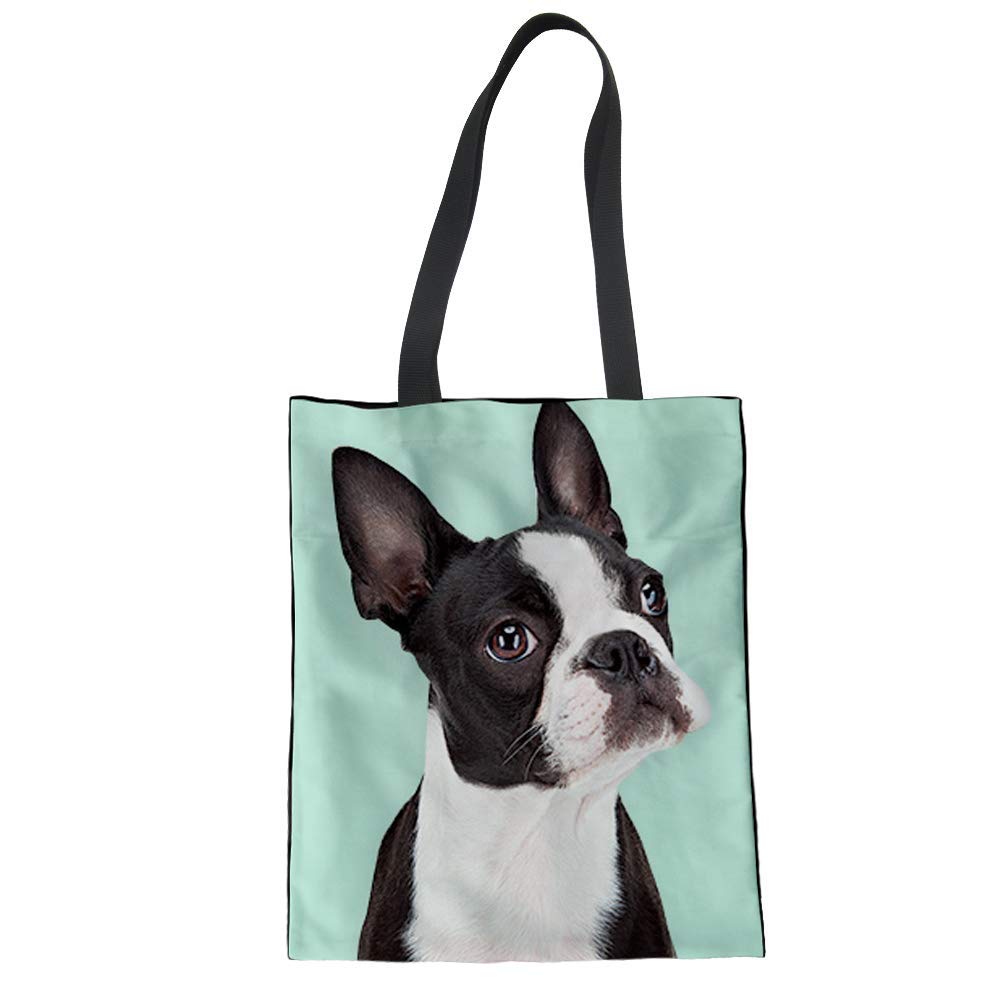 Coloranimal Womens Big Capacity Canvas Bags Top Handle Purse Funny Boston Terrier Printed Eco Friendly Tote Handle Pouch