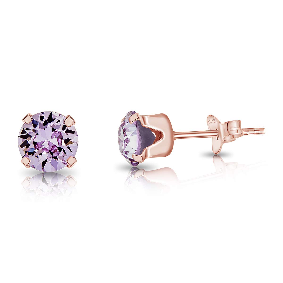 Violet Earrings - 925 Sterling Silver Stud Earrings Rose Gold Plated 18K with Round Crystals 6 mm - Classic Elegant Hypoallergenic Studs for Women