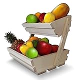 Fruit Basket Stand, Premium 2 Tier Wooden Display Rack For Fruits And Vegetables, Storage, Holder & Organizer For Your Kitchen Counter, Rustic Countertop Look, Comes Fully Assembled