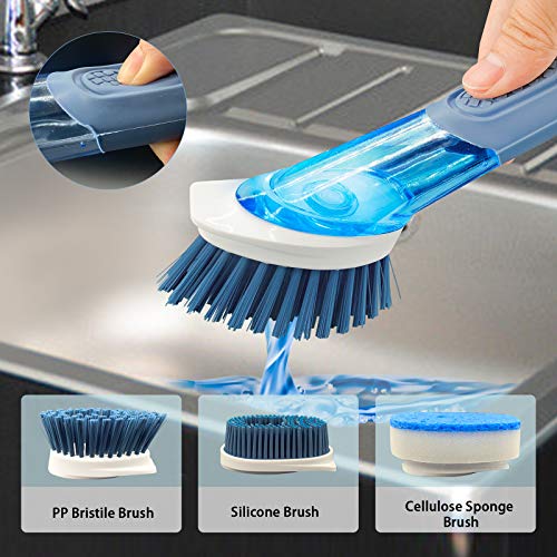 Neilgo 3-IN-1 Soap Dispensing Dish Brush Kitchen Scrub Brush Automatic Liquid Addition Brush Soap Control Dishwand Brush with Handle (Blue)