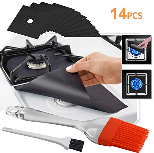 Stove Burner Covers - Gas Stove Protectors Black Improved 0.2mm Double Thickness, Reusable, Non-Stick, Fast Clean Liners for Kitchen/Cooking. Size 10.6" x 10.6" (12 Packs) + 2 Silicone Brush