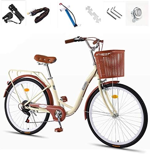 24 シティレジャー自転車大人 高炭素鋼フレーム通勤用女性用自転車 バスケット懐中電灯 インフレーター 盗難防止ロックを含むクラシックレトロ自転車 Actually Cosme Com
