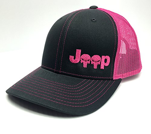 Jeep Logo With Punisher Skull Symbol Left Panel Embroidered Mesh/Twill Cap (Neon Pink/Charcoal)