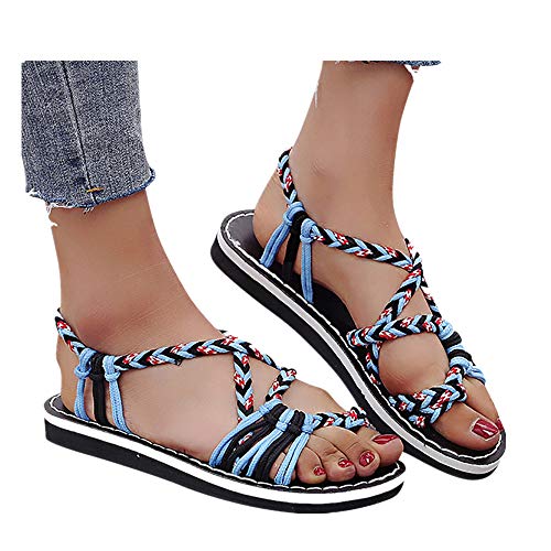 Flat Sandals for Women Braided Strap Beach Shoes,Women's Flat Sandals,Flip Flop,Beach Hiking Sandals (Blue -1, US:5.5)