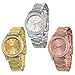 3 PACK Geneva Silver Gold and Rose Gold Plated Classic Round CZ Ladies Boyfriend Watch